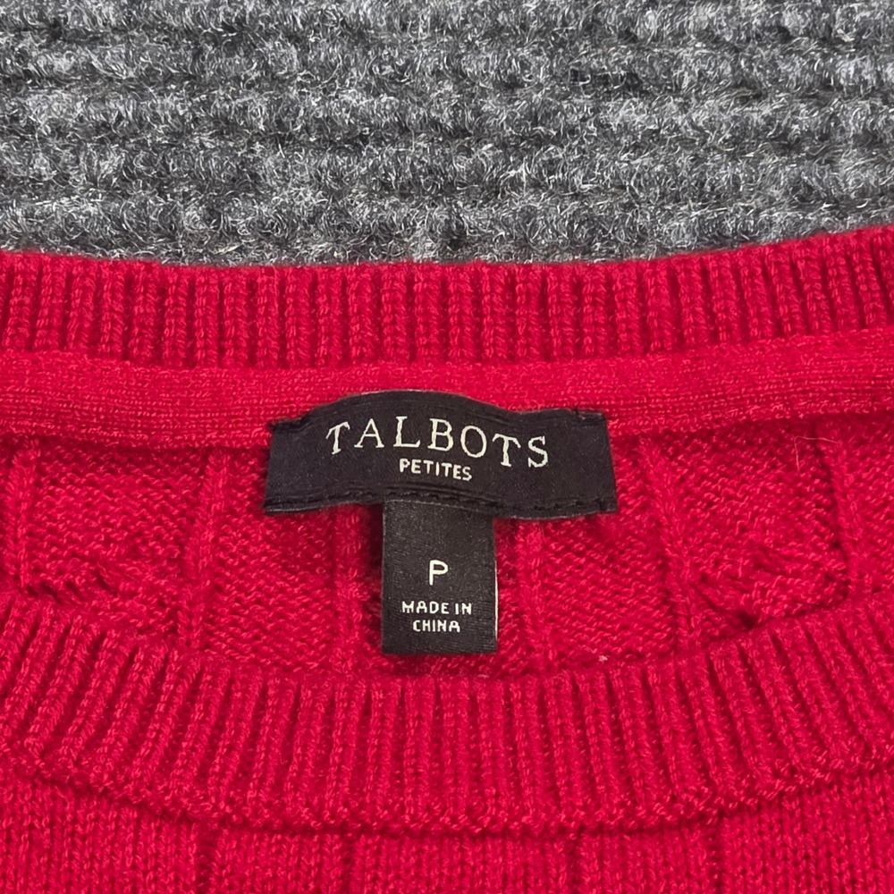 Talbots Petites Cable Knit Sweater Women's Size P Red Button Cuff Crew Neck - Picture 3 of 7